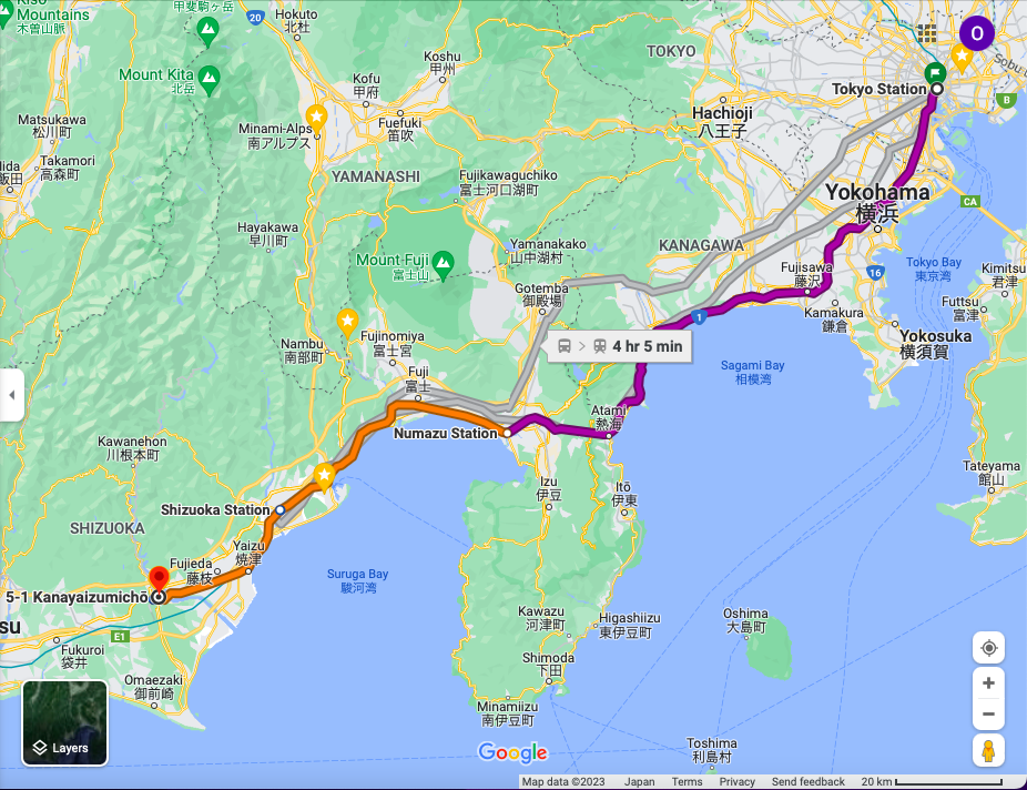 Map from Tokyo to Oigawa Kudzu-fu Weaving Studio