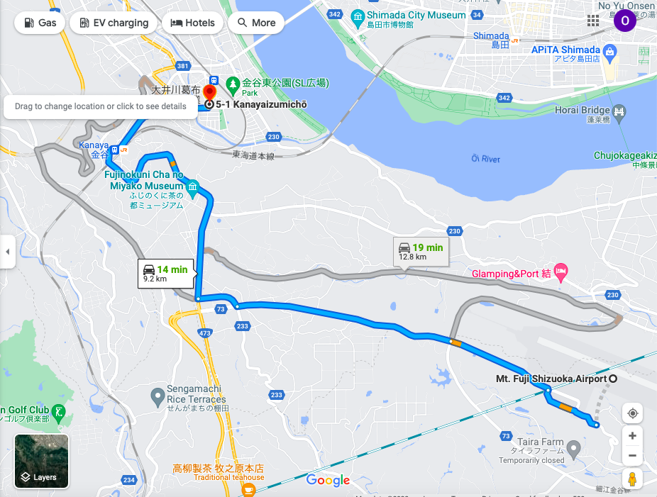 Map from Fujisan-Shizuoka Airport to OigawaKudzu-fu Weaving Studio